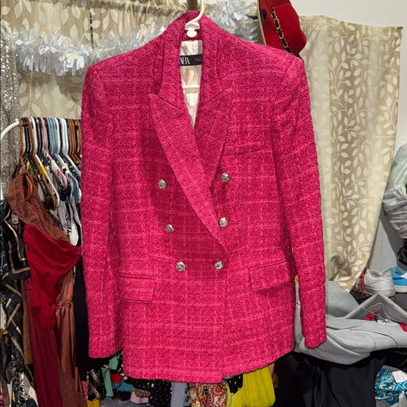Zara Jackets & Blazers - Zara Hot Pink Tweed Double-Breasted Blazer